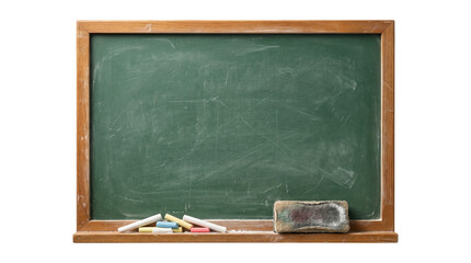 Vintage green chalkboard in wooden frame with chalk and eraser isolated on transparent background png art. © Isolated_png