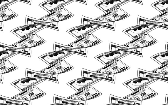 Seamless pattern with bent 100 USD bills. Banknotes arranged in pairs in diagonal rows. Black and white money illustration. Transparent background