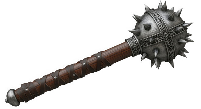 Old medieval metal mace weapon with a wooden handle for battle isolated on transparent background