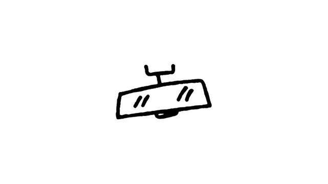 Animated 4K rear view mirror doodle icon. White hand drawn line art on black and green screen backgrounds for interior glass, windshield mirror, back visibility, and driving reflection edits.