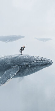 Solitary man leaning forward on giant whale in misty surreal landscape. Concept of mindful decision making, leadership coaching, strategic observation.