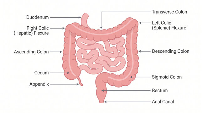 Human large intestine colon anatomy and digestive system diagram with intestine