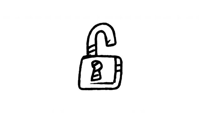 Animated doodle padlock unlocked icon. 4K frame by frame line art on black and green screen chroma key background for security open, central unlock, door access, and vehicle status edits.
