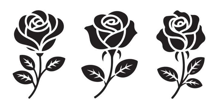 Floral rose stencil collection with black silhouette bloom shapes for artistic craft and decoration.