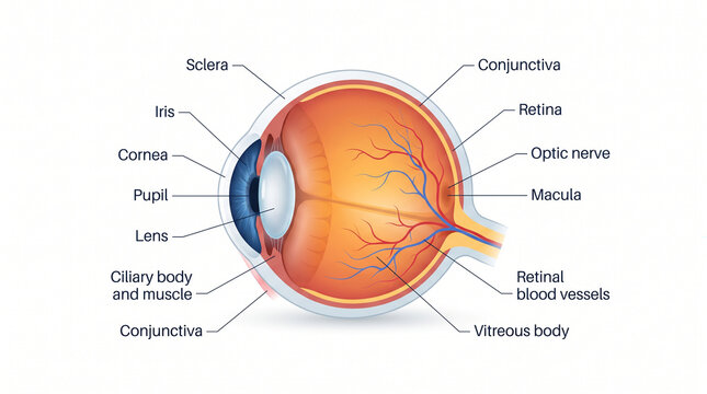 Diagram of the human eye anatomy with labels optometry ophthalmology vitreous