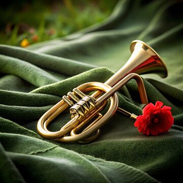 Shiny golden trumpet musical instrument placed on a draped green cloth with a red flower blossom