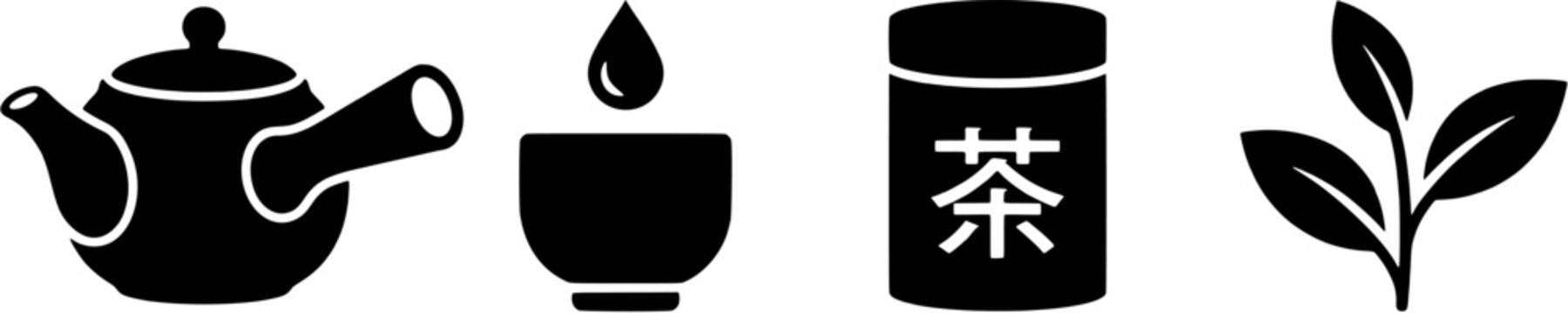 Japanese tea icon set in a flat black silhouette style including teapot, cup, matcha canister and green tea leaves.