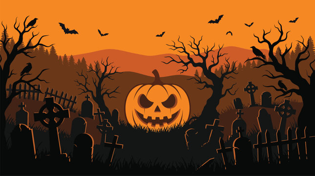 Spooky halloween background vector illustration featuring a glowing jack o lantern pumpkin in a dark graveyard with trees and flying bats