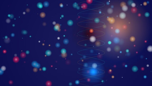 Blurred colorful bokeh particles floating around a central dna helix on a dark blue gradient background, abstract science and genetics concept