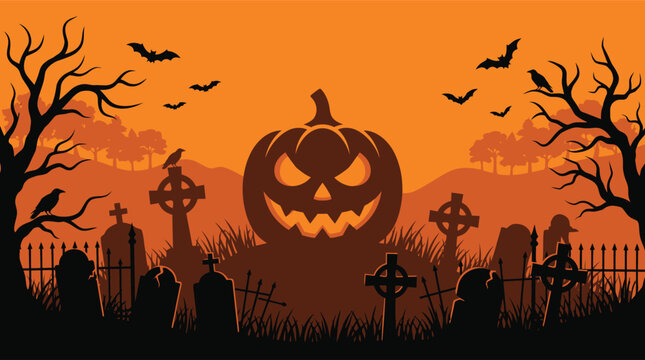 A spooky halloween background vector illustration featuring a glowing jack o lantern pumpkin in a dark cemetery with bats and trees