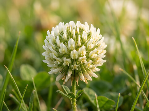 white clover flower macro photography | wild trifolium repens in green field | meadow wildflowers in summer sun | blooming white clover head close up
