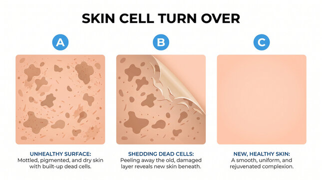 Skin cell turnover process illustrating dead cell shedding and renewal