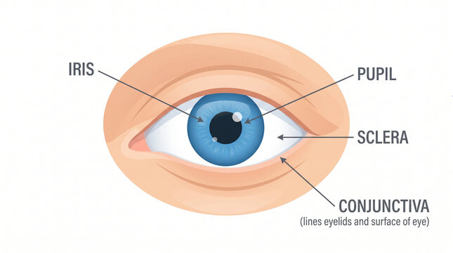Anatomical diagram of human eye showing iris pupil sclera and conjunctiva