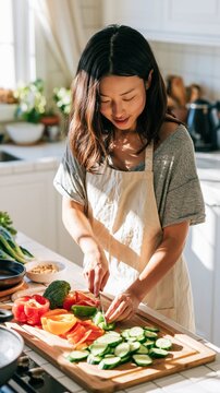 Beautiful Asian Woman Preparing Fresh Vegetables in a Bright Modern Kitchen