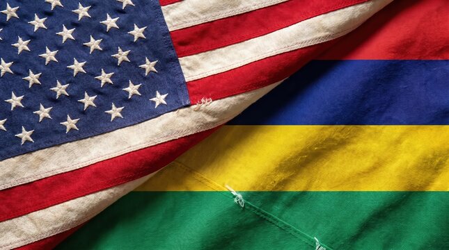 United States and Mauritius two flags textile cloth, fabric texture