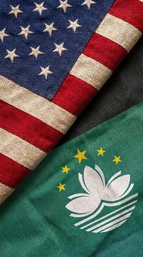 United States and Macao two flags textile cloth, fabric texture