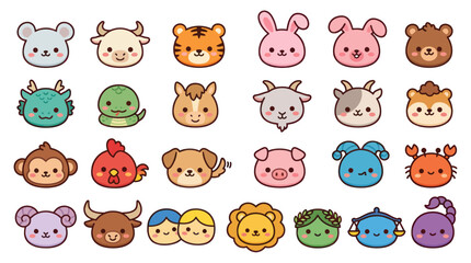 Fototapeta premium Cute kawaii animal zodiac icons collection