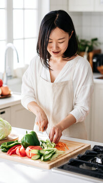 Beautiful Asian Woman Preparing Fresh Vegetables in a Bright Modern Kitchen