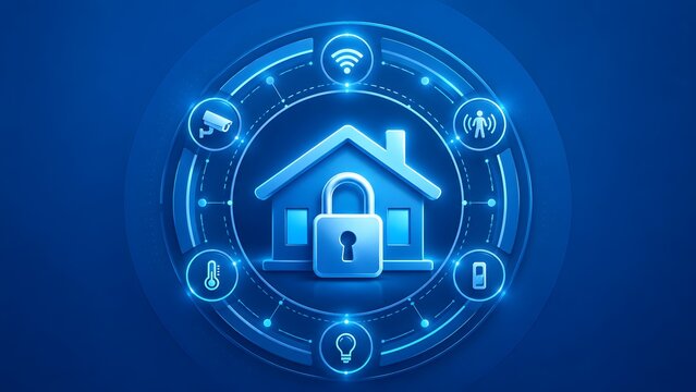 Smart home security system concept with glowing blue digital interface showcasing house padlock and home automation technology icons