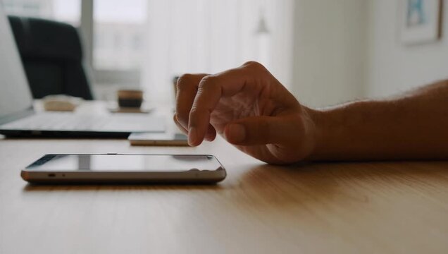明るいオフィスでスマートフォンを操作する手元