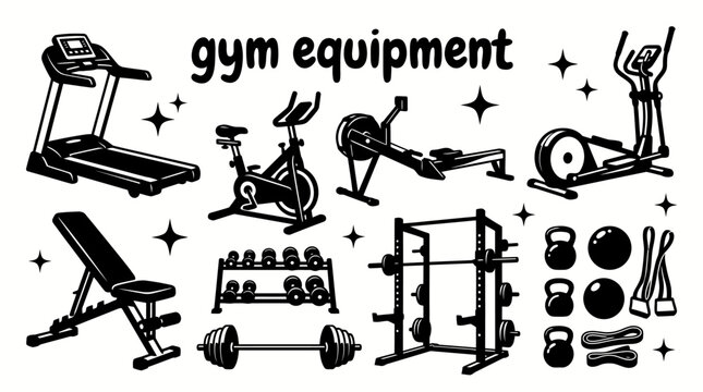 gym equipment featuring treadmills exercise bikes rowing machines elliptical trainers adjustable benches dumbbells barbells squat racks and strength training set for fitness centers sports branding