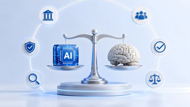 Artificial intelligence microchip and human brain balanced on a scale representing machine learning ethics technological regulation and cognitive comparison