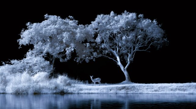 Infrared surreal landscape with deer by water