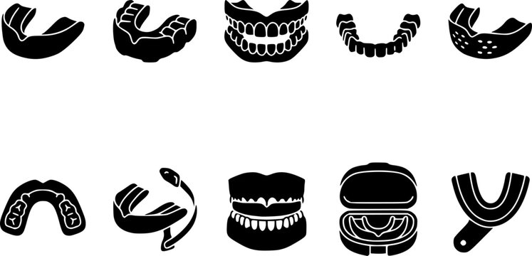 Mouthguard Icons Set Isolated on White Background &ndash; Sports Dental Guard, Boxing Protection, Orthodontic Retainer and Safety Mouthpiece Collection
