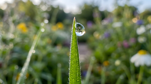 dewdrop on blade of grass macro | garden reflection in water drop | morning dew on green grass in garden | macro photography of nature droplets | sunlit garden reflection in dew