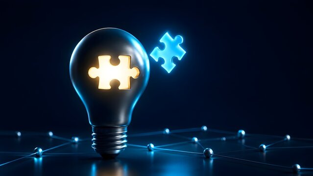 Glowing lightbulb with a missing puzzle piece hovering next to it on a digital network background representing innovative problem solving and creative technology solutions