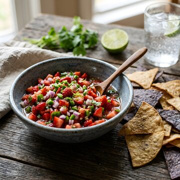 Fresh pico de gallo salsa in a ceramic bowl with tortilla chips and lime on a rustic wooden table with natural light