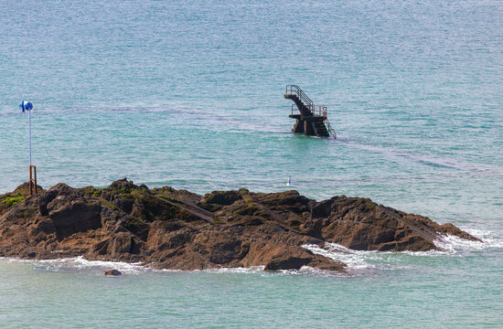 Diving Platform of Public Seawater Pool at High Tide in Saint Malo France