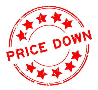 Grunge red price down word with star icon round rubber seal stamp on white background