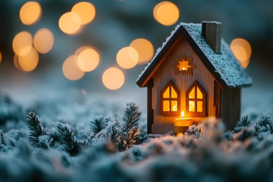 Miniature house glowing in winter snow with christmas bokeh