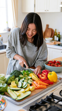 Beautiful Asian Woman Preparing Fresh Vegetables in a Bright Modern Kitchen