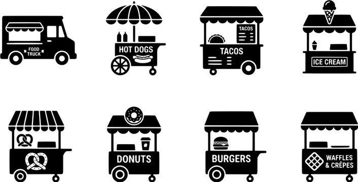 Street food vendor icon set in a flat black silhouette style including food truck, hot dog cart, taco stand, ice cream kiosk, pretzel, donut, burger and waffle shop.