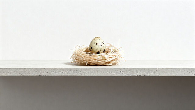 Minimalist nest made from recycled paper fiber holding quail egg, sustainable and fragile nature concept.