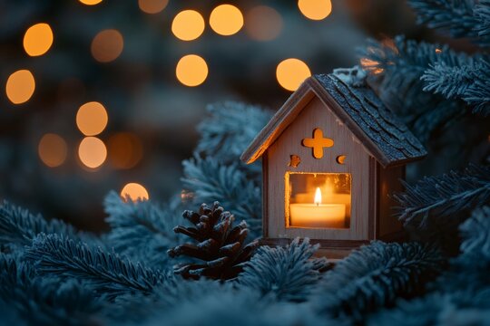 Cozy wooden house lantern illuminating festive christmas tree