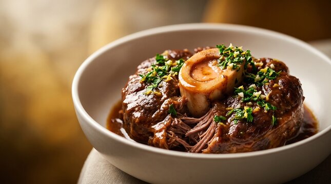 Delicious osso buco dish served in white bowl featuring tender braised veal shank topped with fresh herbs.