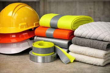 Fototapeta premium Construction safety gear including hard hats and reflective tape on concrete.