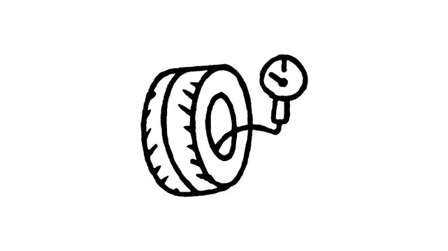 Hand drawn 4K tire pressure gauge doodle animation with boiling line motion. Frame by frame outline on black and green screen backgrounds, perfect for air meter, wheel inflation, and TPMS.