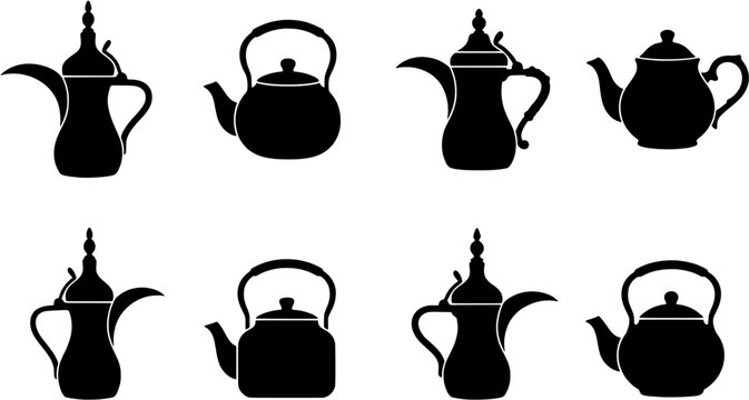 Teapot icon set in a flat black silhouette style including traditional Arabic dallah coffee pots and classic tea kettles.