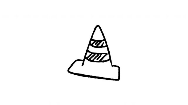 4K hand drawn traffic cone icon featuring boiling line animation. Frame by frame line art on black and green screen backgrounds for road construction, hazard pylon, safety barrier, and repair.