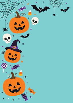 A festive halloween background vector illustration featuring smiling pumpkins skulls bats spider webs and colorful candies on a soft light blue backdrop