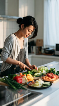 Beautiful Asian Woman Preparing Fresh Vegetables in a Bright Modern Kitchen