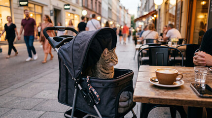 Obraz premium Fluffy cat sitting inside a blue pet stroller next to a wooden table with coffee and a book at an outdoor cafe during an evening city walk, showing a pet-friendly travel and leisure concept.
