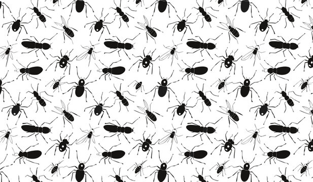 Scattered black ants and mosquitos in a seamless pattern with white background and clean aesthetic