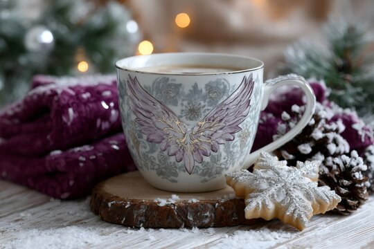 Angel wings mug with warm coffee and snowflake cookie