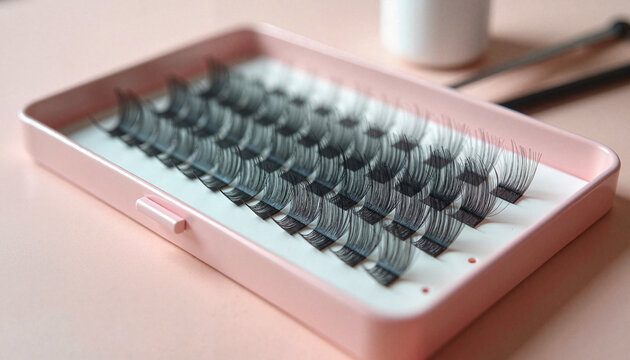 Closeup of eyelash extension tray for professional lash service, closeup of professional lashmaker tools work