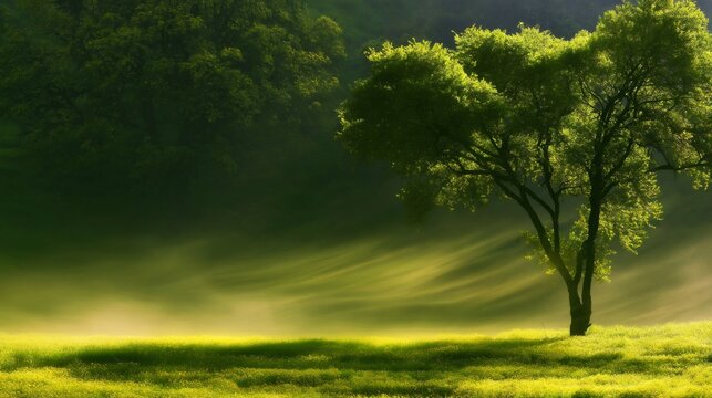 Green tree standing in foggy meadow with sunbeams